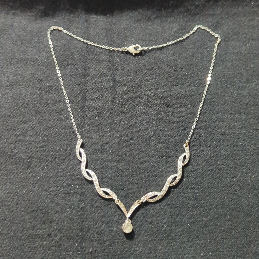 Silver Tone Clear Rhinestone Bar Pendant Statement Necklace